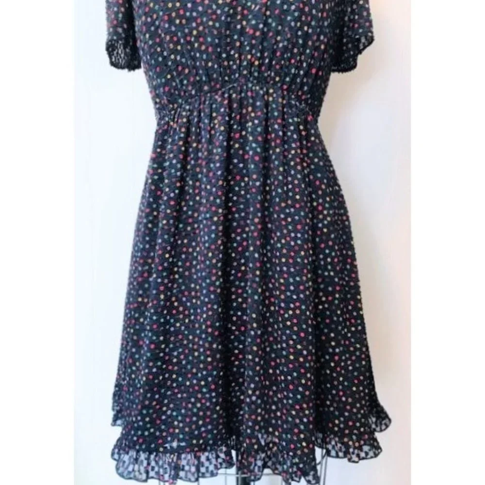 MADEWELL SUGAR DOT BLUE RED YELLOW V-NECK FLUTTER SLEEVE MINI DRESS 0 NWT